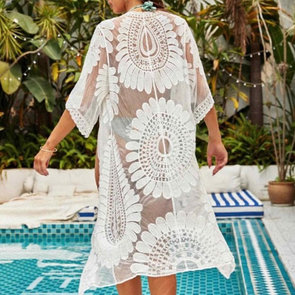 White Floral Sheer Lace Kimono Duster Swim Cover-up Cardigan Boho